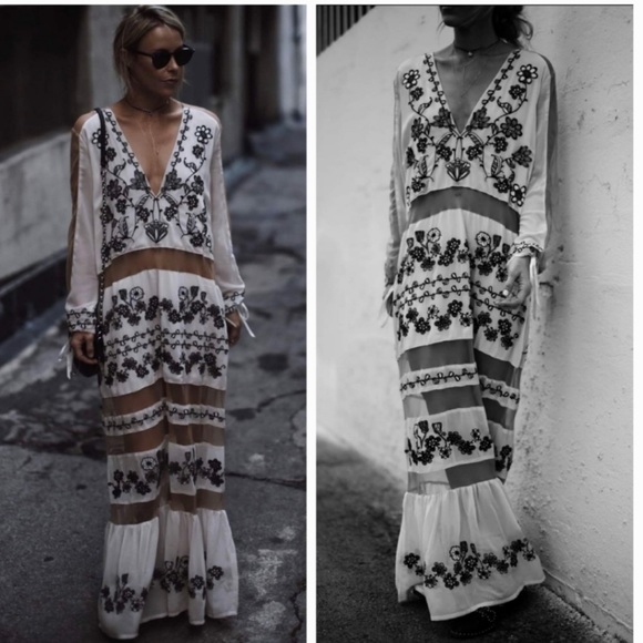 For Love and Lemons UNICORN piece BNWT cream & black mesh embroidered maxi dress - Picture 3 of 11